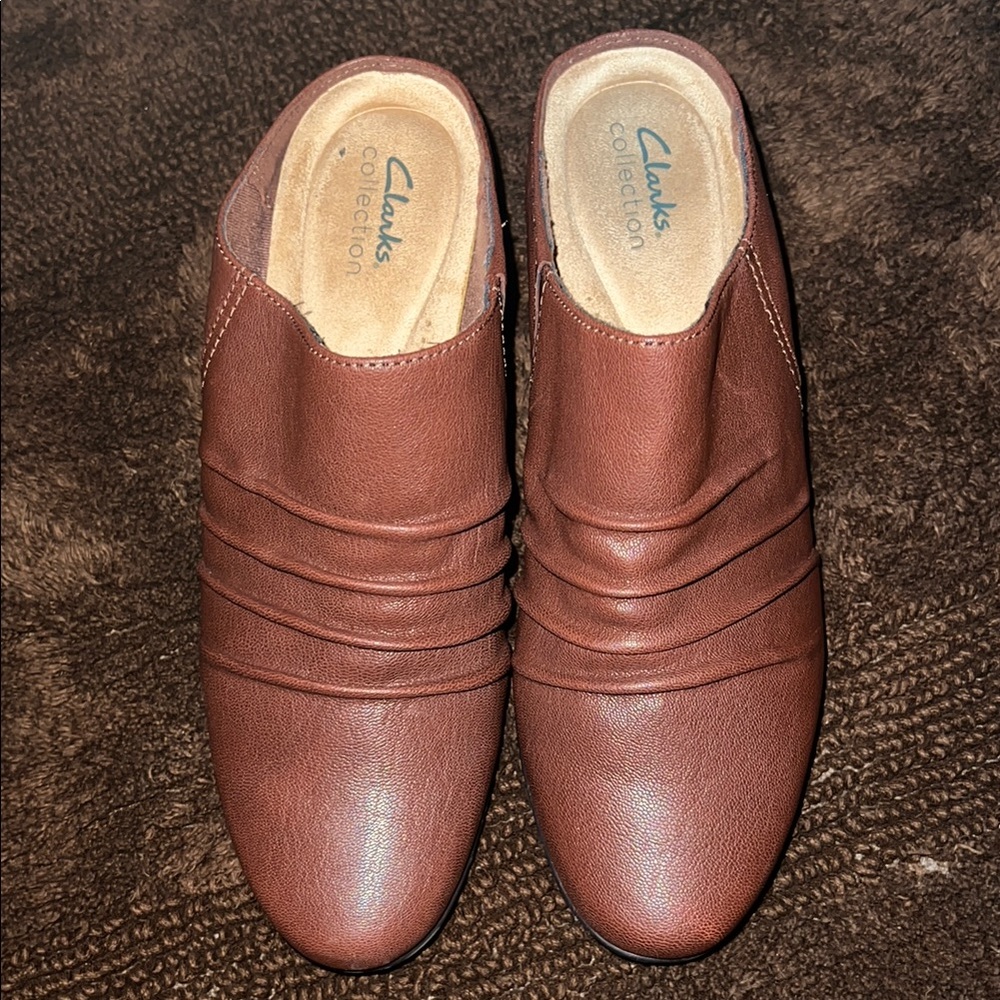 Clarks Collection Ruched Leather Heeled Mules Emily Charm Dark Tan Size 10M